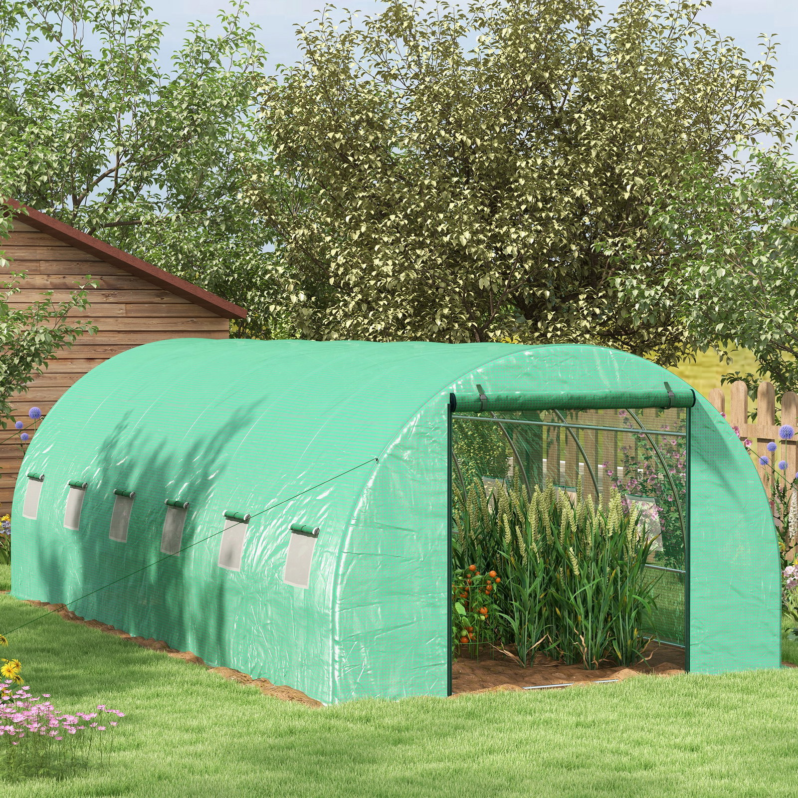 Estufa tipo túnel 6x3x2 m com sistema de rega integrado, 12 janelas com rede e 1 porta enrolável, verde