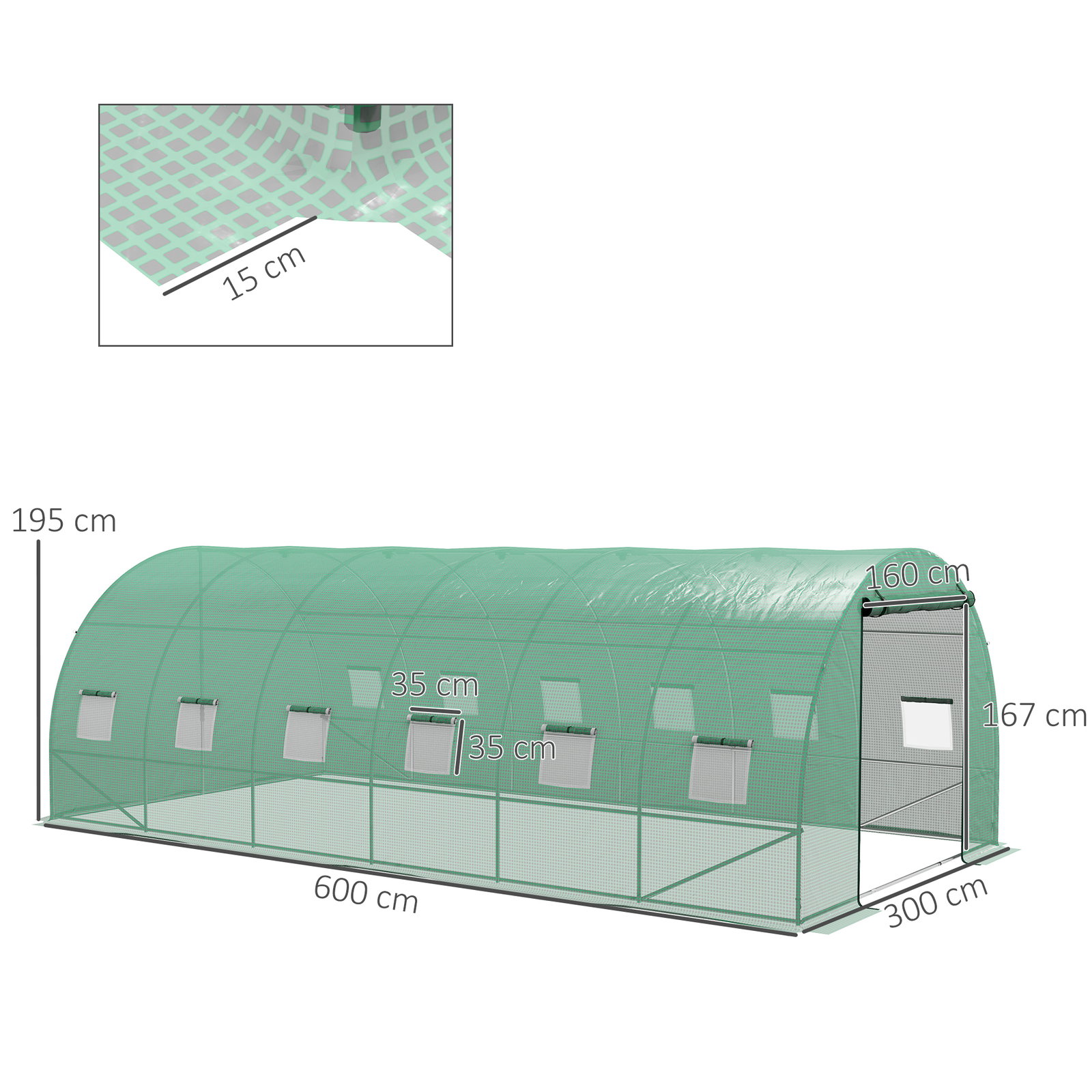 Estufa tipo túnel 6x3x2 m com sistema de rega integrado, 12 janelas com rede e 1 porta enrolável, verde