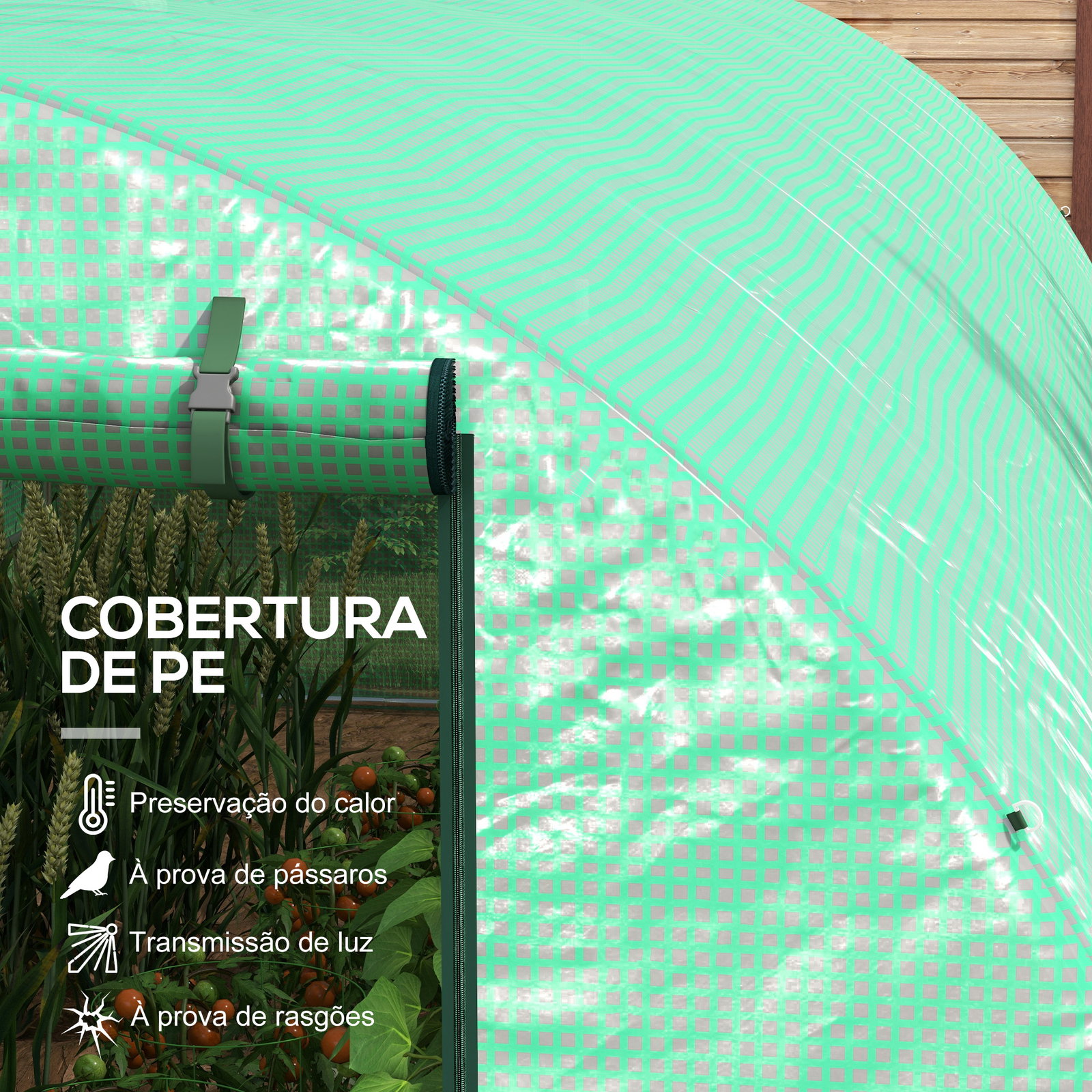 Estufa tipo túnel 6x3x2 m com sistema de rega integrado, 12 janelas com rede e 1 porta enrolável, verde