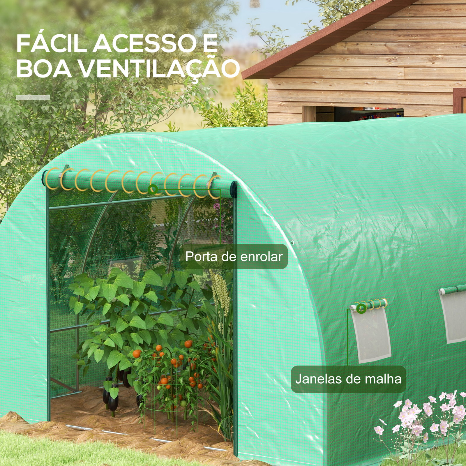 Estufa tipo túnel 6x3x2 m com sistema de rega integrado, 12 janelas com rede e 1 porta enrolável, verde