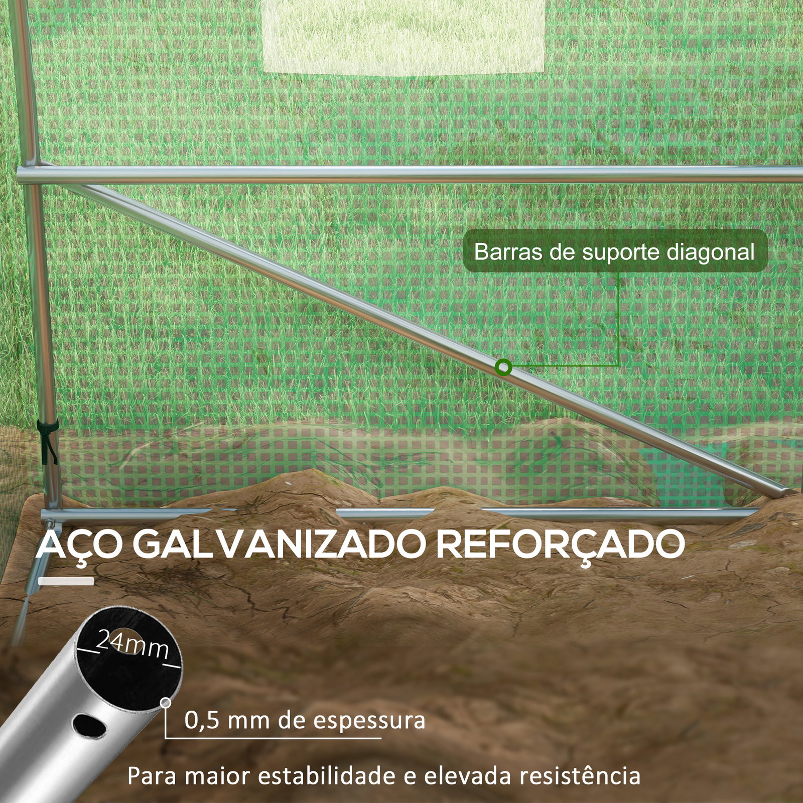 Estufa tipo túnel 6x3x2 m com sistema de rega integrado, 12 janelas com rede e 1 porta enrolável, verde