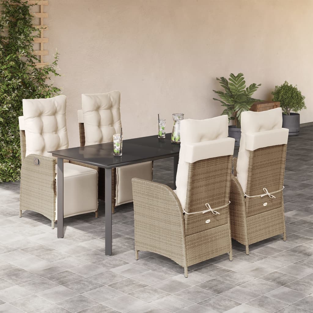 5 Pcs conjunto de jantar p/ jardim com almofadões vime PE bege