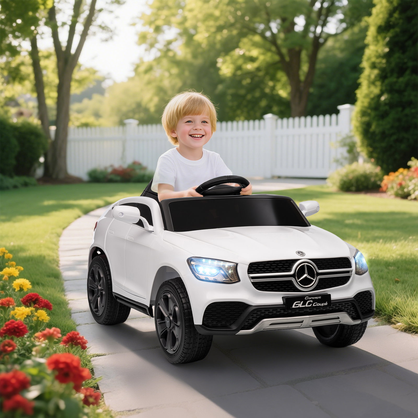 Carro elétrico para crianças mercedes-benz glc coupé 12v controlo remoto 2,4g motor duplo mp3 branco