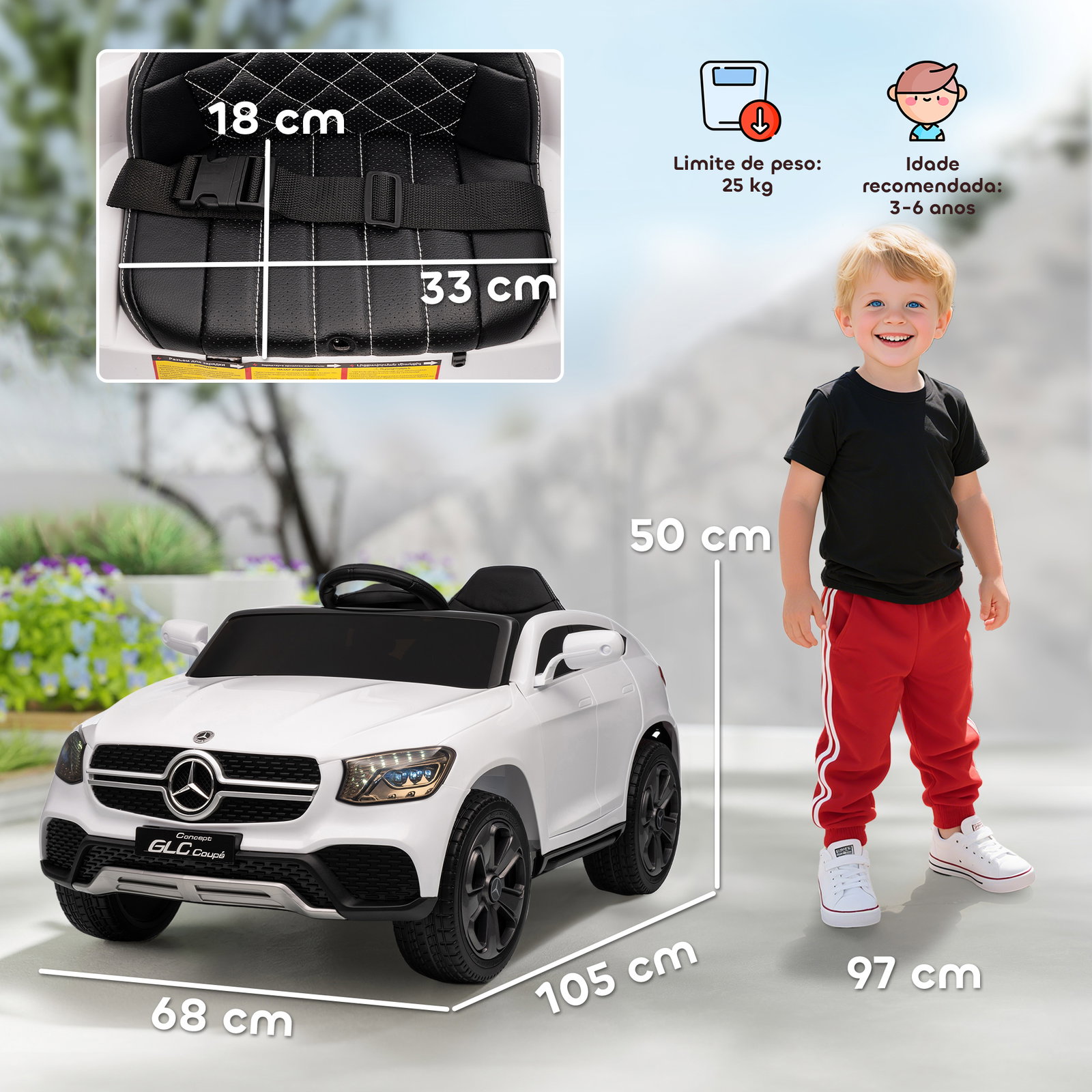 Carro elétrico para crianças mercedes-benz glc coupé 12v controlo remoto 2,4g motor duplo mp3 branco