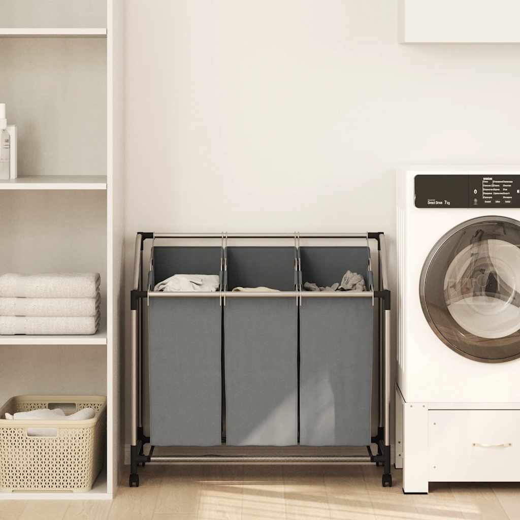 Cesto para roupa suja com rodas 3 compartimentos cinzento