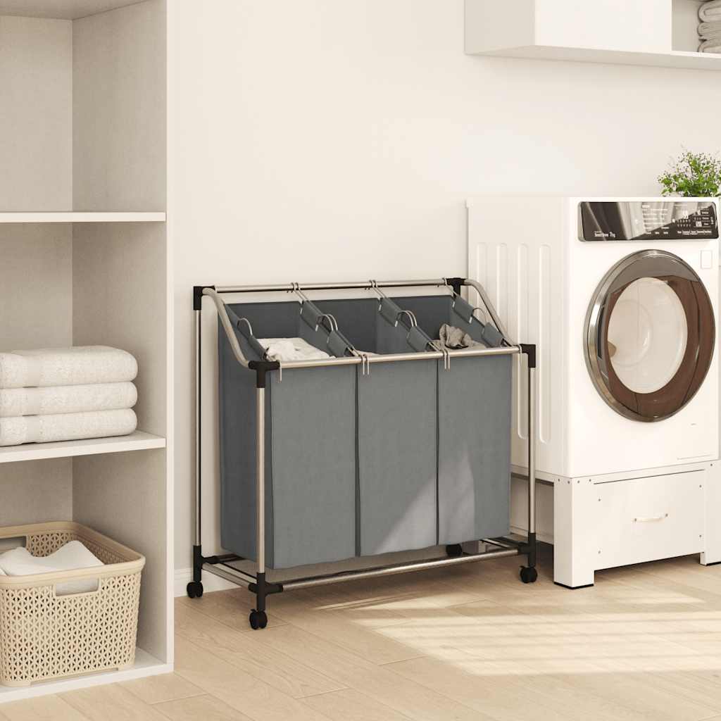 Cesto para roupa suja com rodas 3 compartimentos cinzento