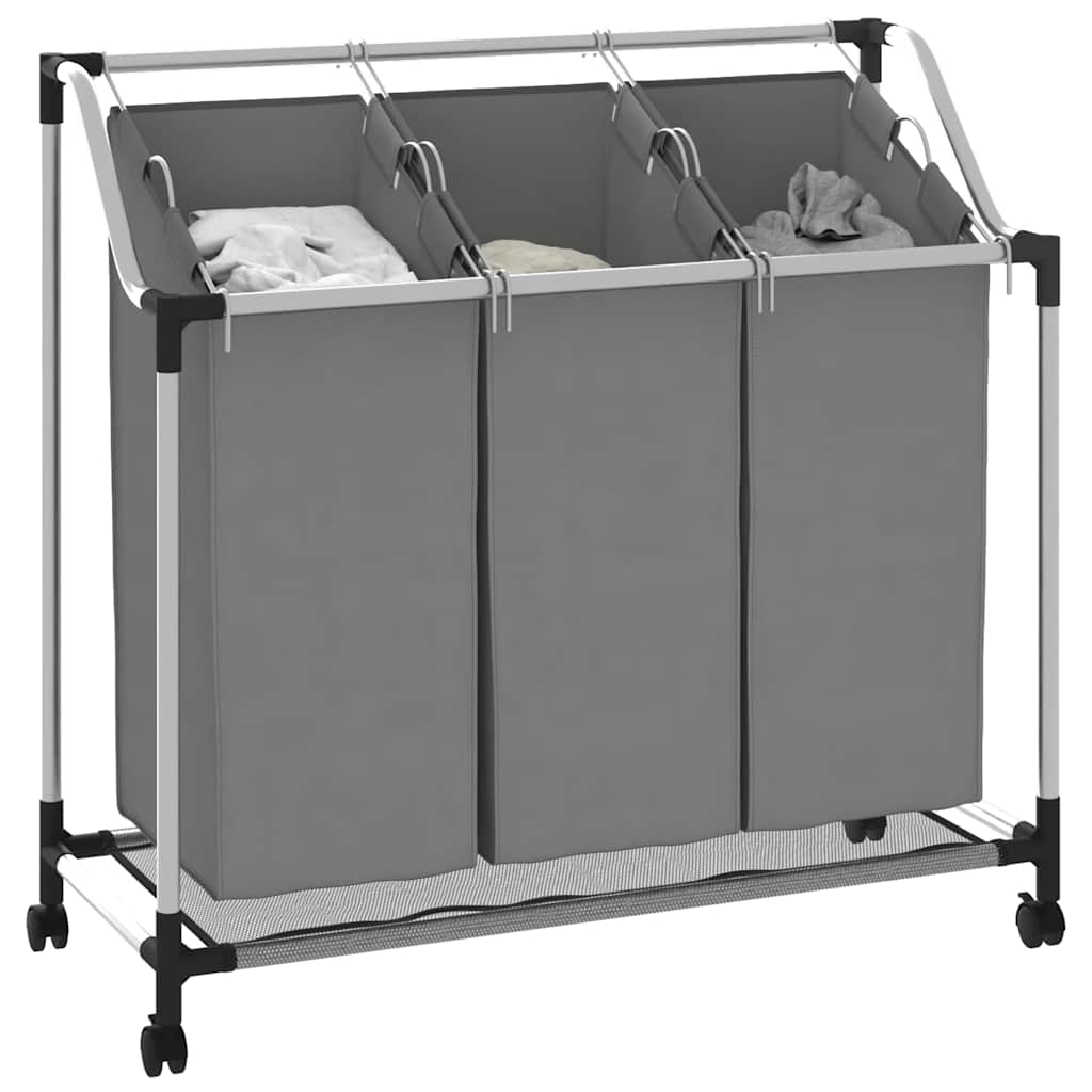 Cesto para roupa suja com rodas 3 compartimentos cinzento