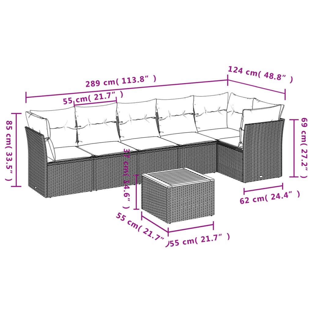 7 Pcs conjunto de sofás p/ jardim com almofadões vime PE bege