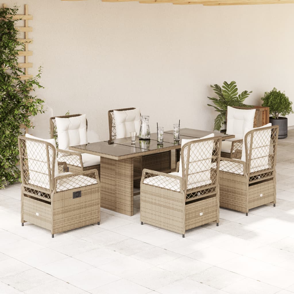 7 Pcs conjunto de jantar p/ jardim com almofadões vime PE bege