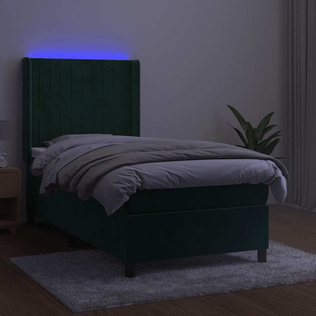 Cama box spring c/ colchão/LED 100x200 cm veludo verde-escuro