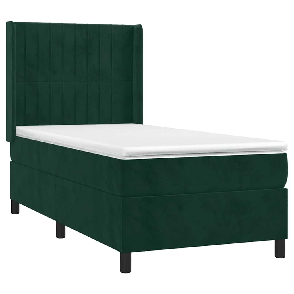 Cama box spring c/ colchão/LED 100x200 cm veludo verde-escuro