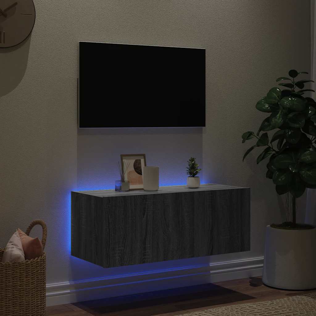 Móvel de parede p/ TV c/ luzes LED 80x35x31 cm cinzento sonoma
