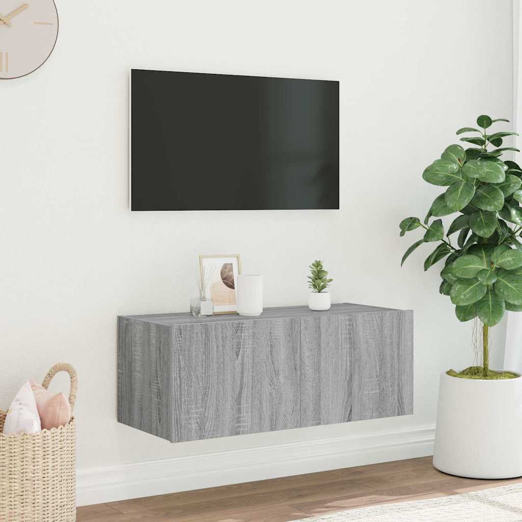 Móvel de parede p/ TV c/ luzes LED 80x35x31 cm cinzento sonoma
