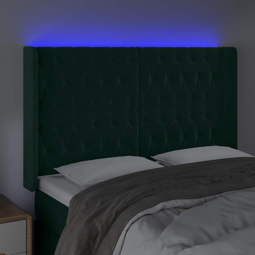 Cabeceira de cama c/ LED veludo 163x16x118/128 cm verde-escuro
