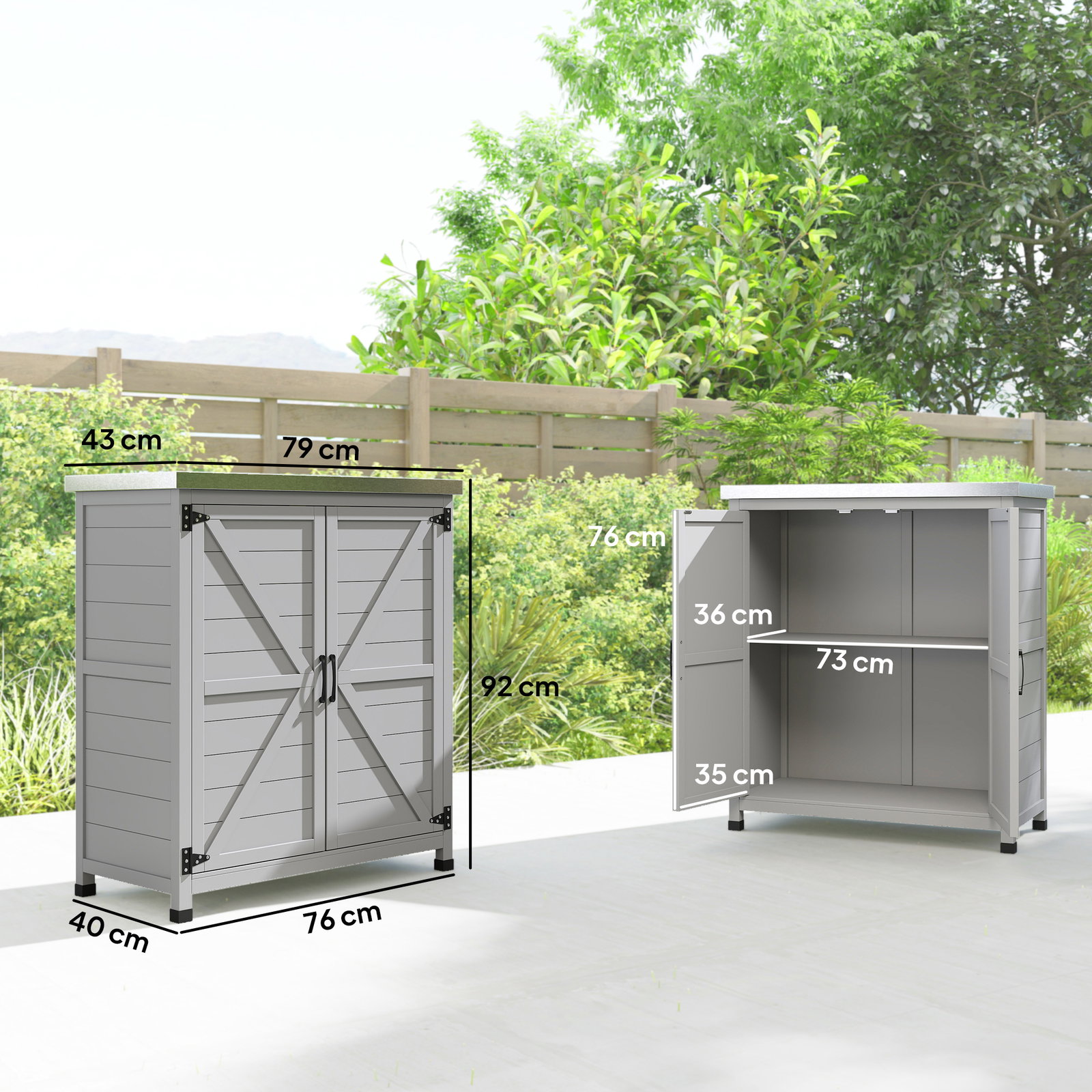 Armário de exterior em madeira com tampo de aço galvanizado prateleira 2 portas para armazenamento de ferramentas 79x43x92 cm cinza