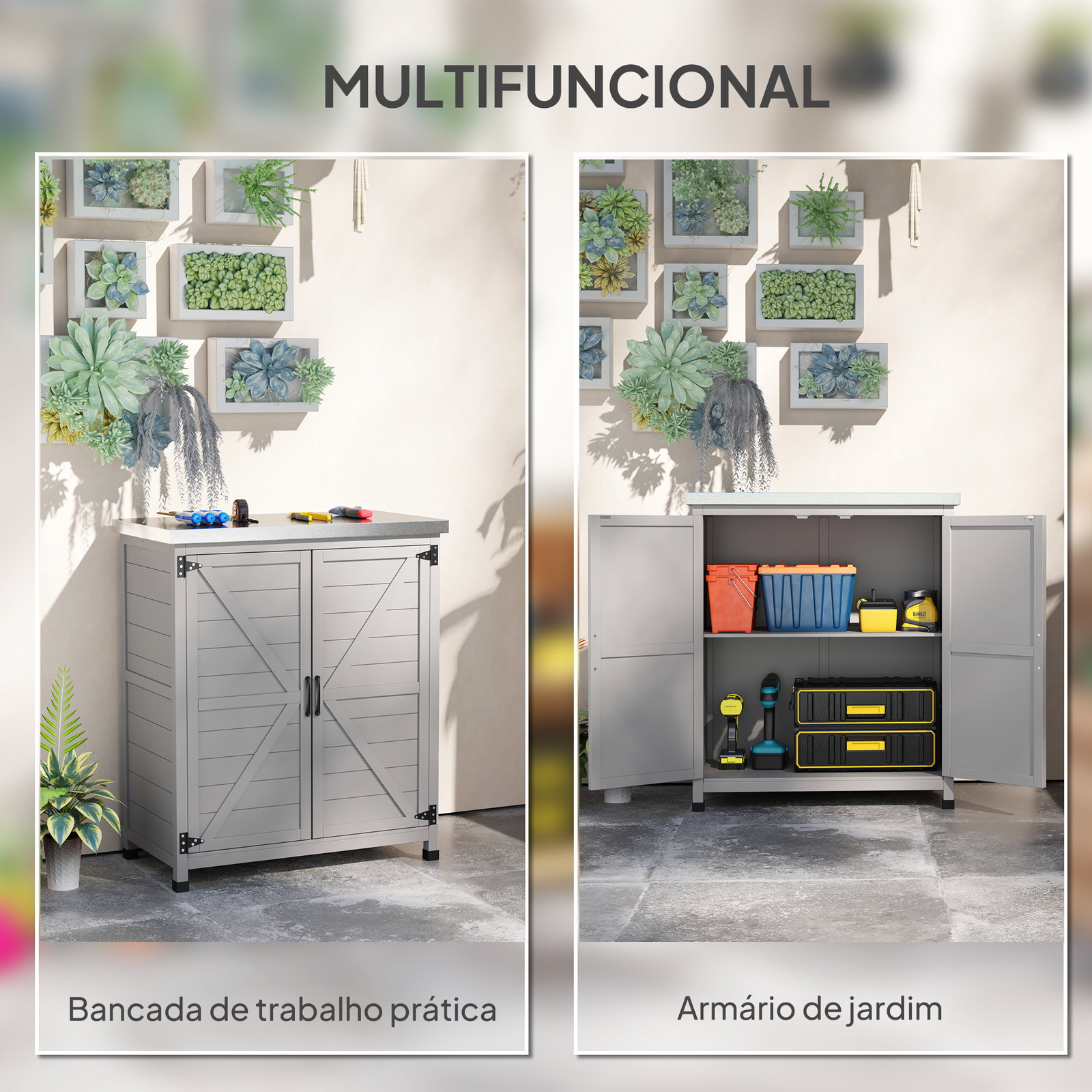 Armário de exterior em madeira com tampo de aço galvanizado prateleira 2 portas para armazenamento de ferramentas 79x43x92 cm cinza