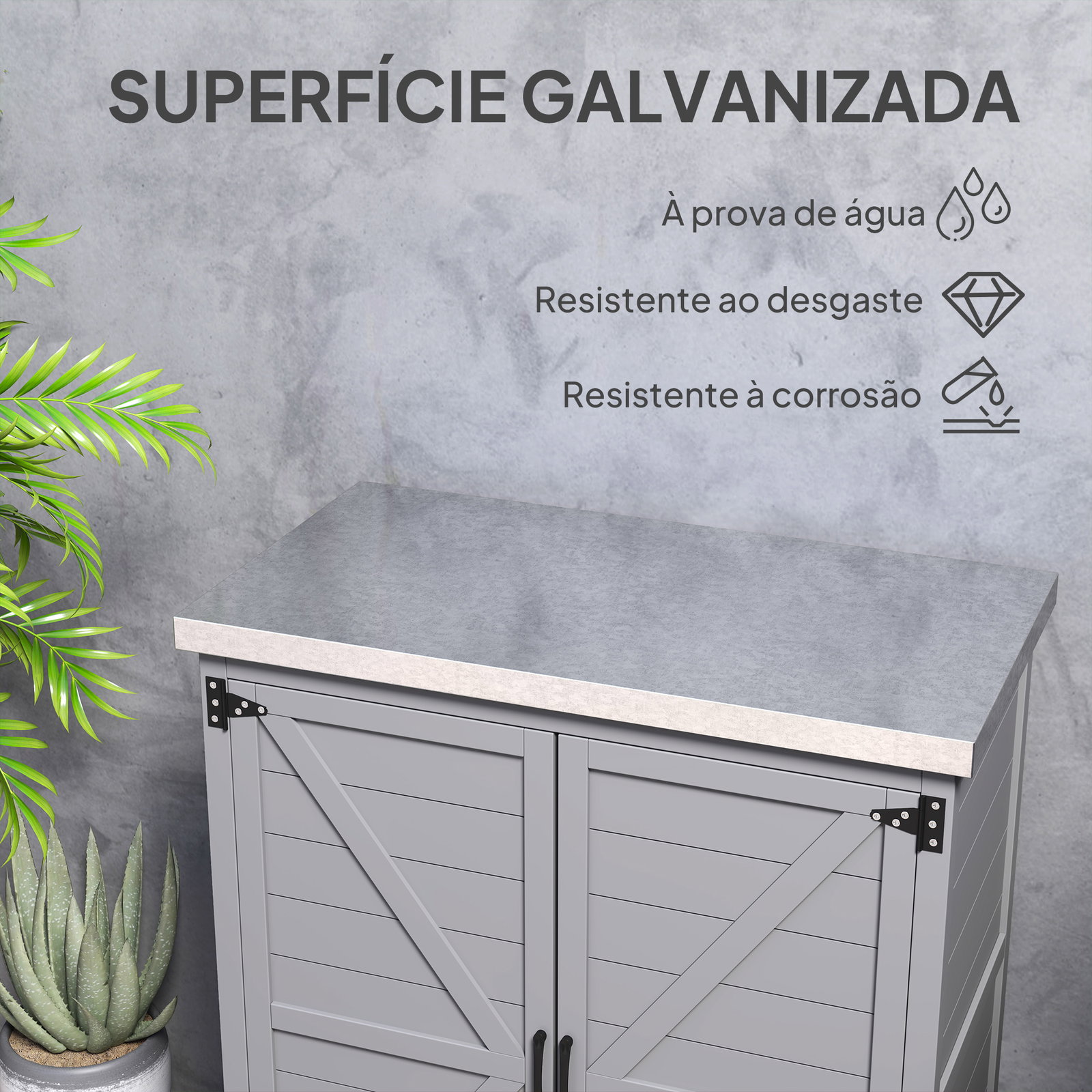 Armário de exterior em madeira com tampo de aço galvanizado prateleira 2 portas para armazenamento de ferramentas 79x43x92 cm cinza