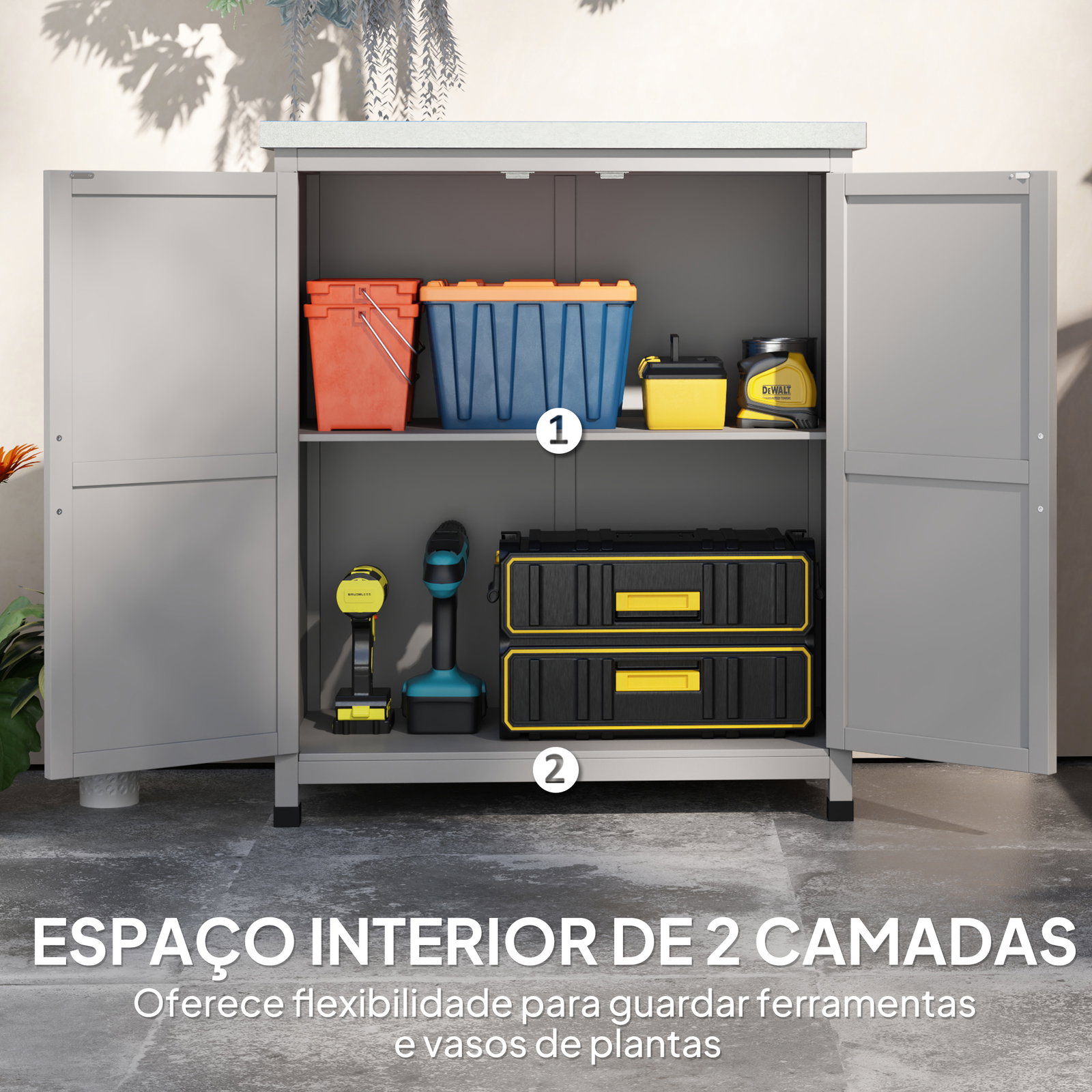 Armário de exterior em madeira com tampo de aço galvanizado prateleira 2 portas para armazenamento de ferramentas 79x43x92 cm cinza