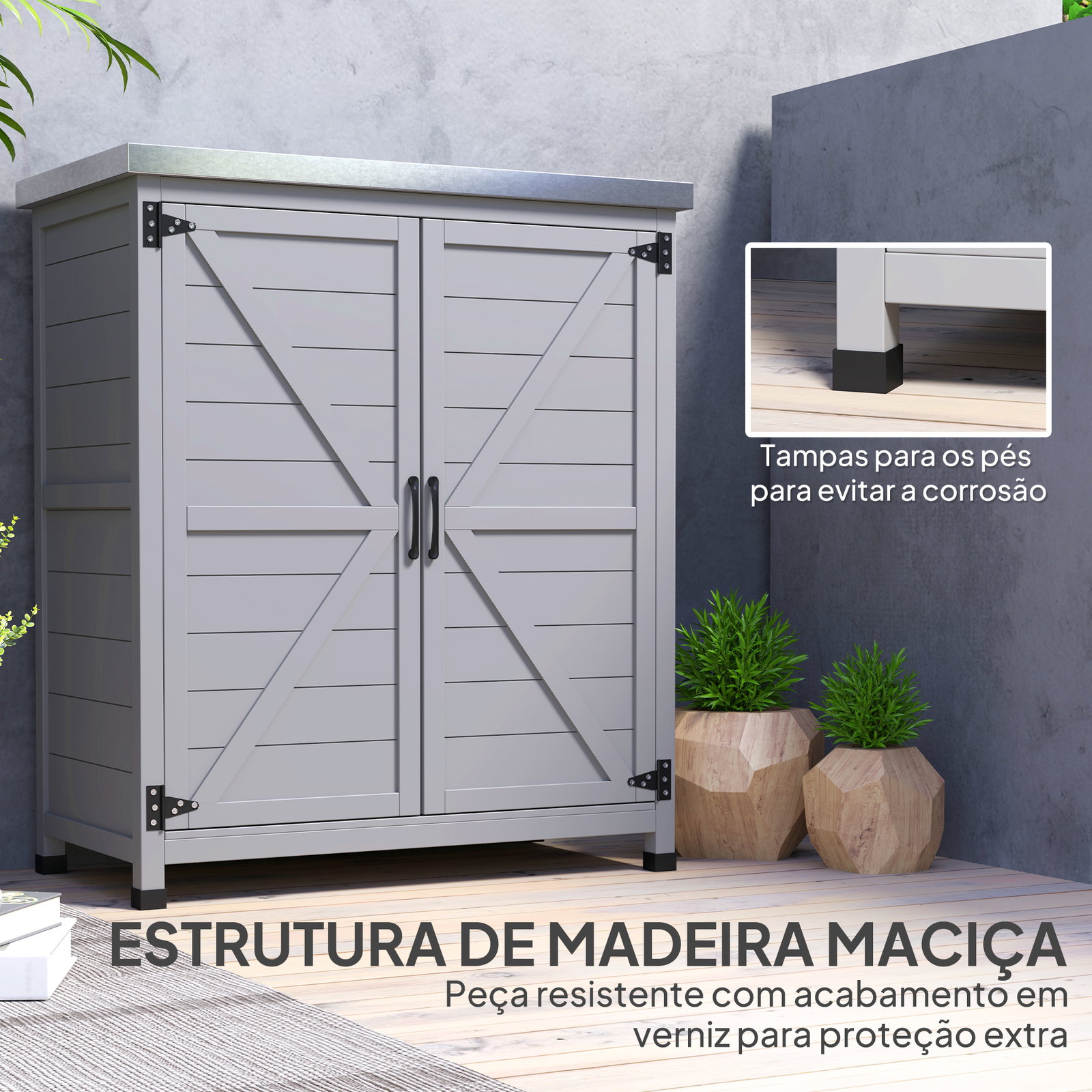 Armário de exterior em madeira com tampo de aço galvanizado prateleira 2 portas para armazenamento de ferramentas 79x43x92 cm cinza