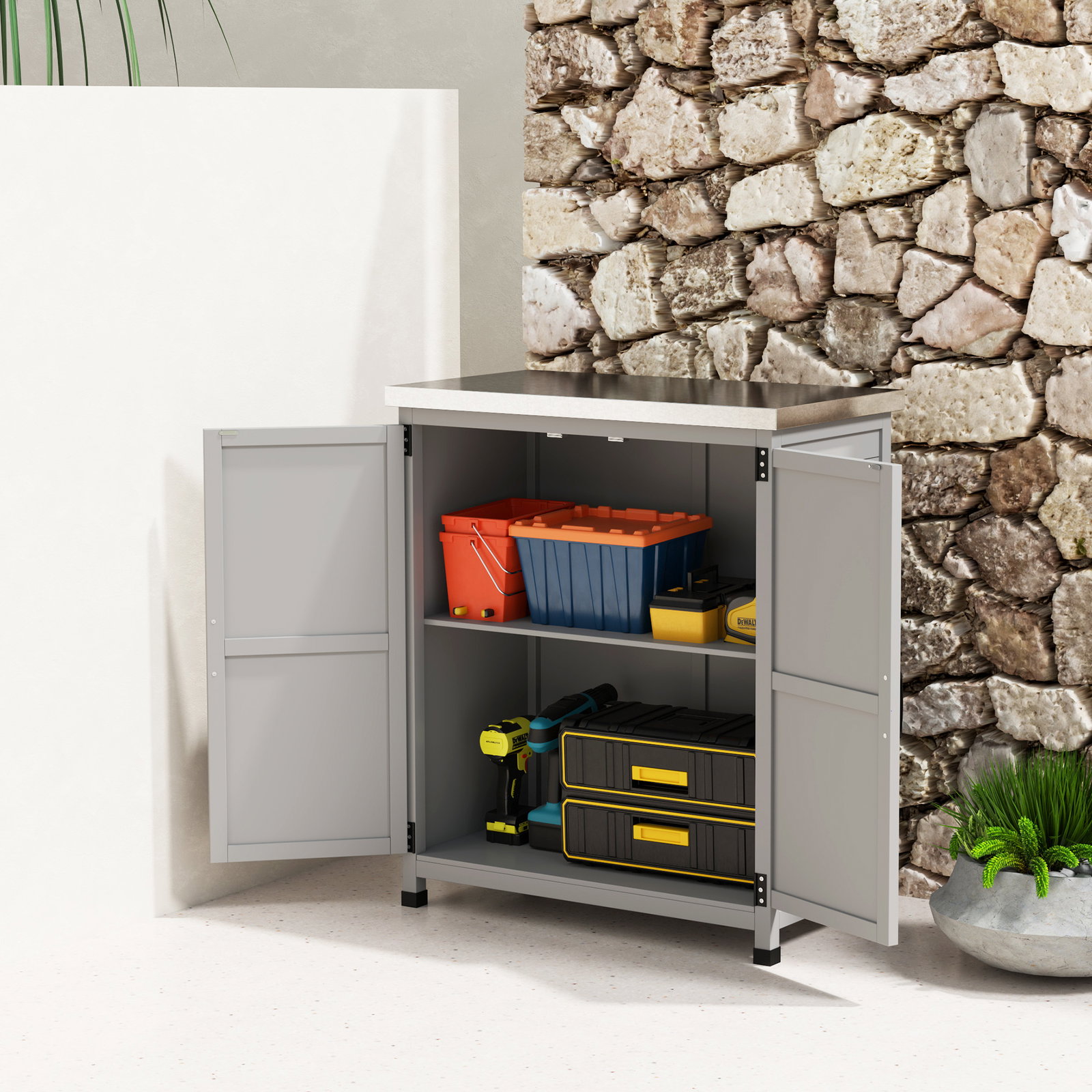 Armário de exterior em madeira com tampo de aço galvanizado prateleira 2 portas para armazenamento de ferramentas 79x43x92 cm cinza