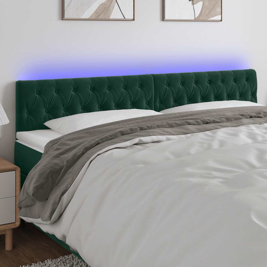 Cabeceira de cama c/luzes LED veludo 200x7x78/88cm verde-escuro