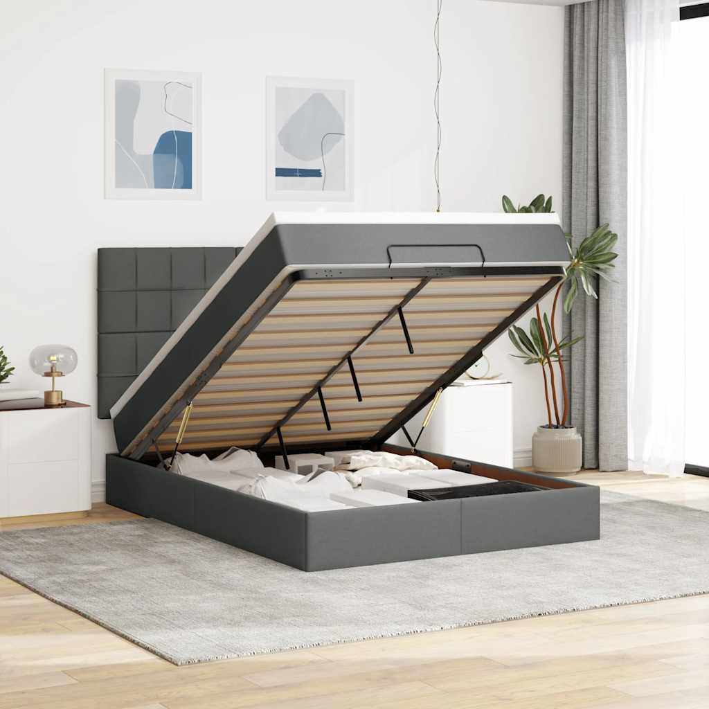 Estrutura cama otomana colchão 140x200cm tecido cinzento escuro