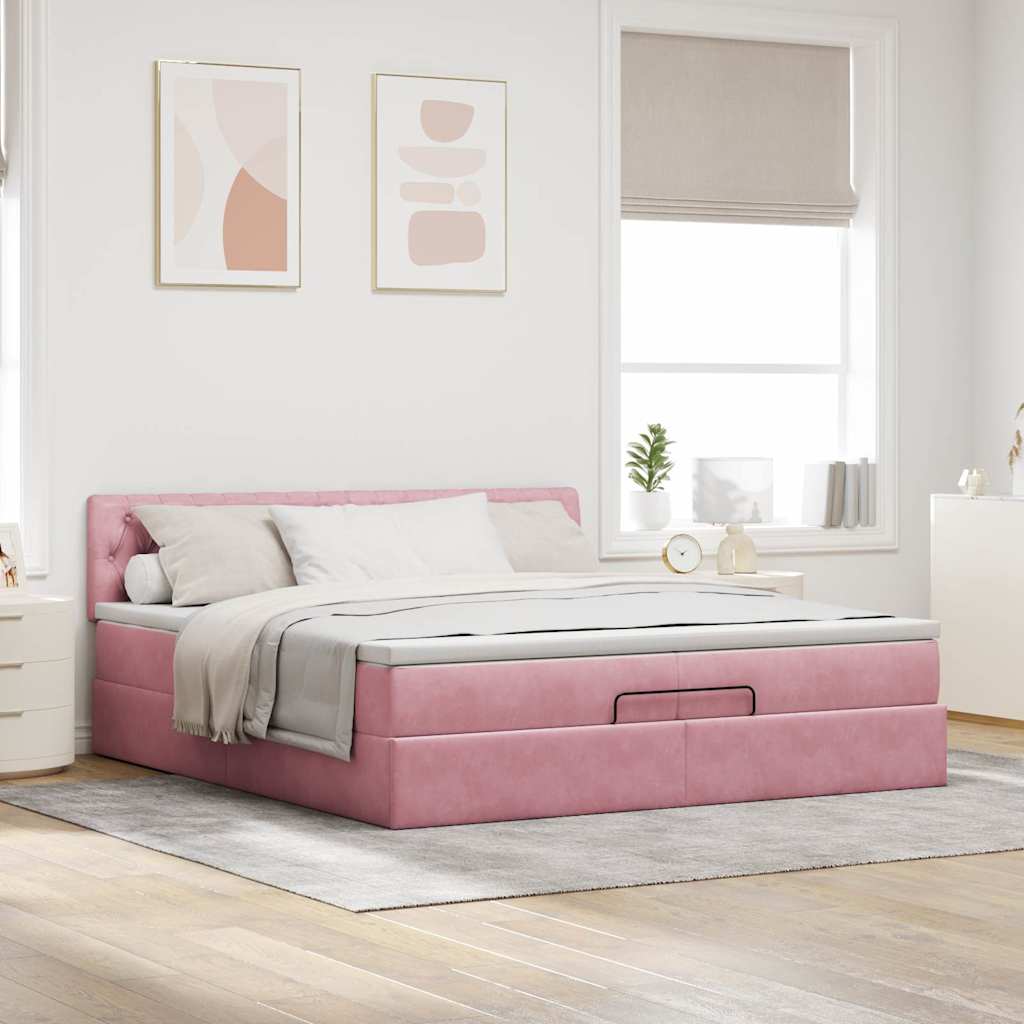 Moldura de cama otomana com colchão rosa 200x200cm veludo