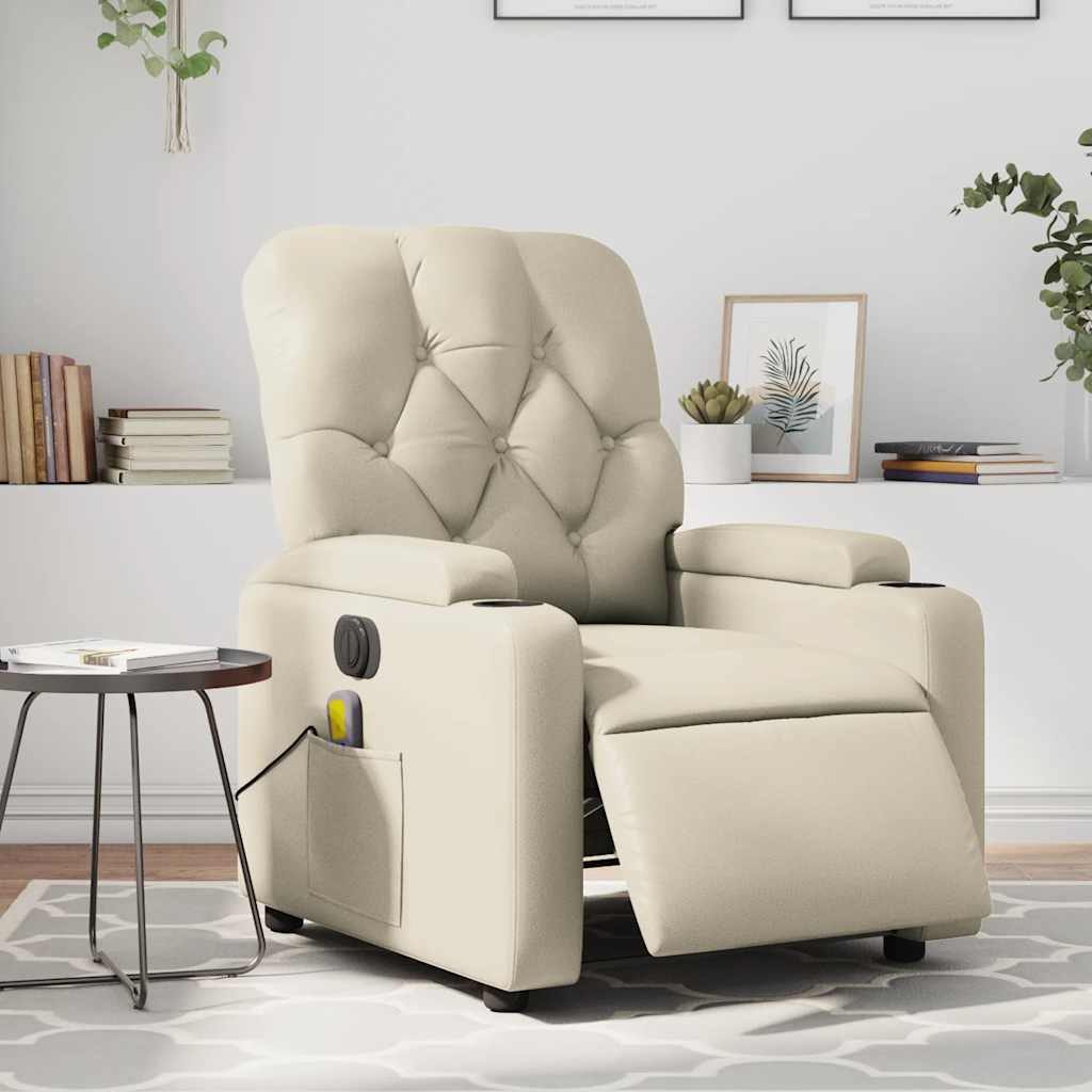 Poltrona massagens reclinável elétrica couro artificial creme