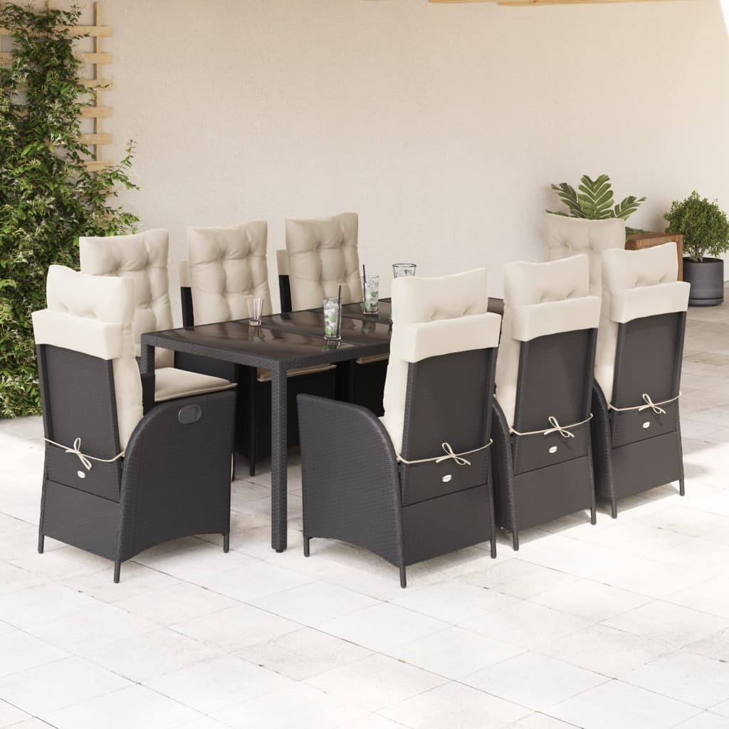 9 Pcs conjunto de jantar p/ jardim c/ almofadões vime PE preto