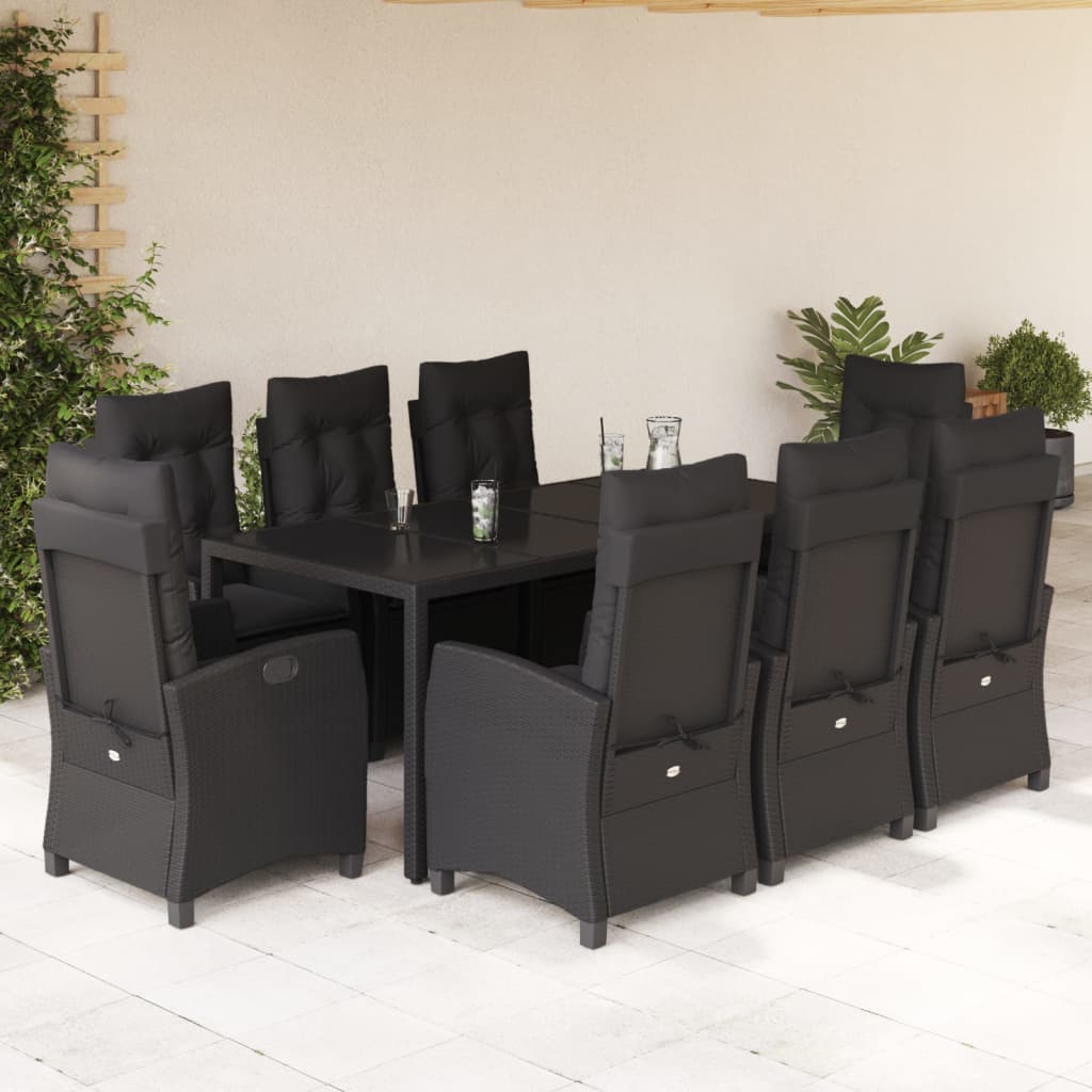 9 Pcs conjunto de jantar p/ jardim c/ almofadões vime PE preto