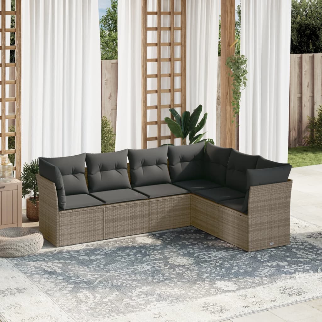 6 Pcs conjunto sofás de jardim com almofadões vime cinzento