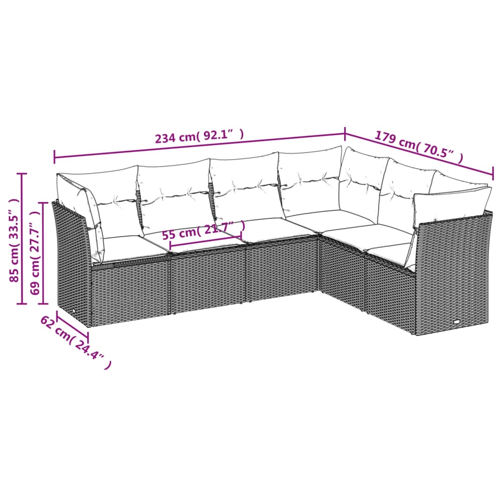 6 Pcs conjunto sofás de jardim com almofadões vime cinzento