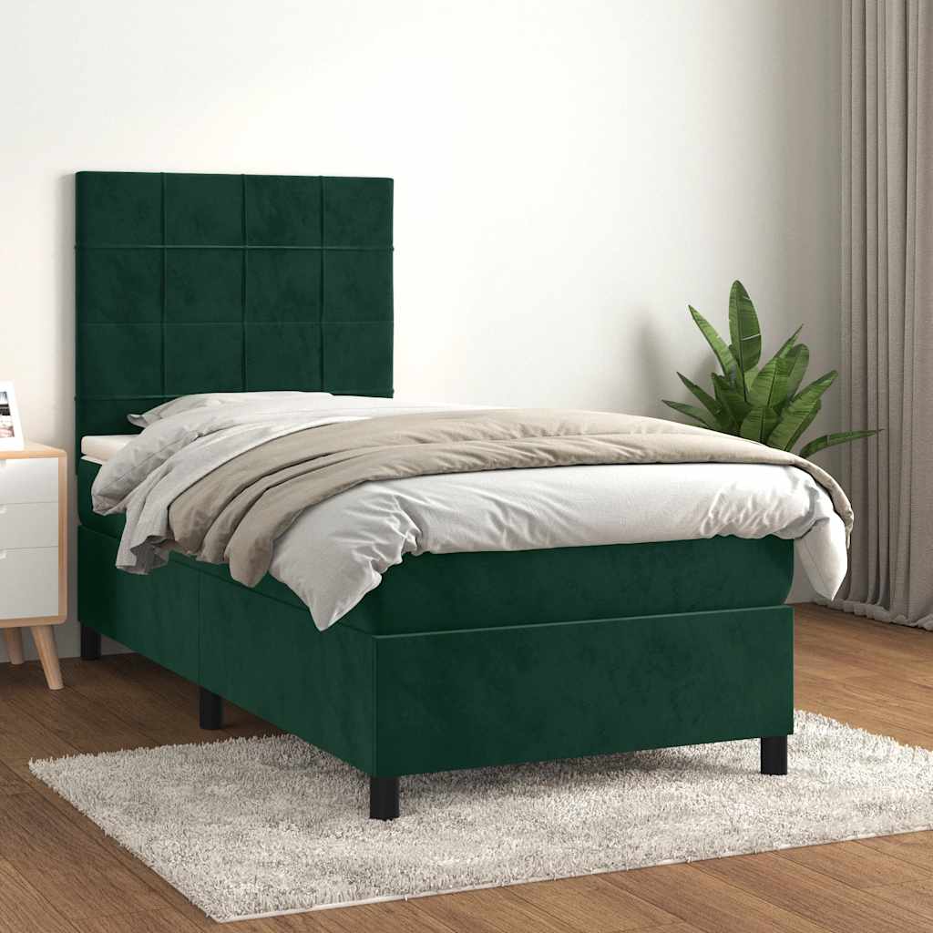 Cama com molas/colchão 90x200 cm veludo verde-escuro