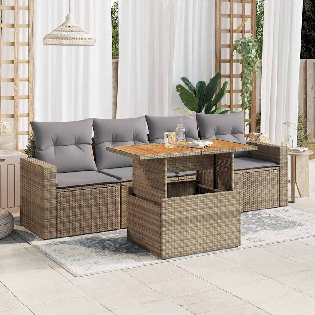 5 Pcs conjunto de sofás p/ jardim com almofadões vime PE bege