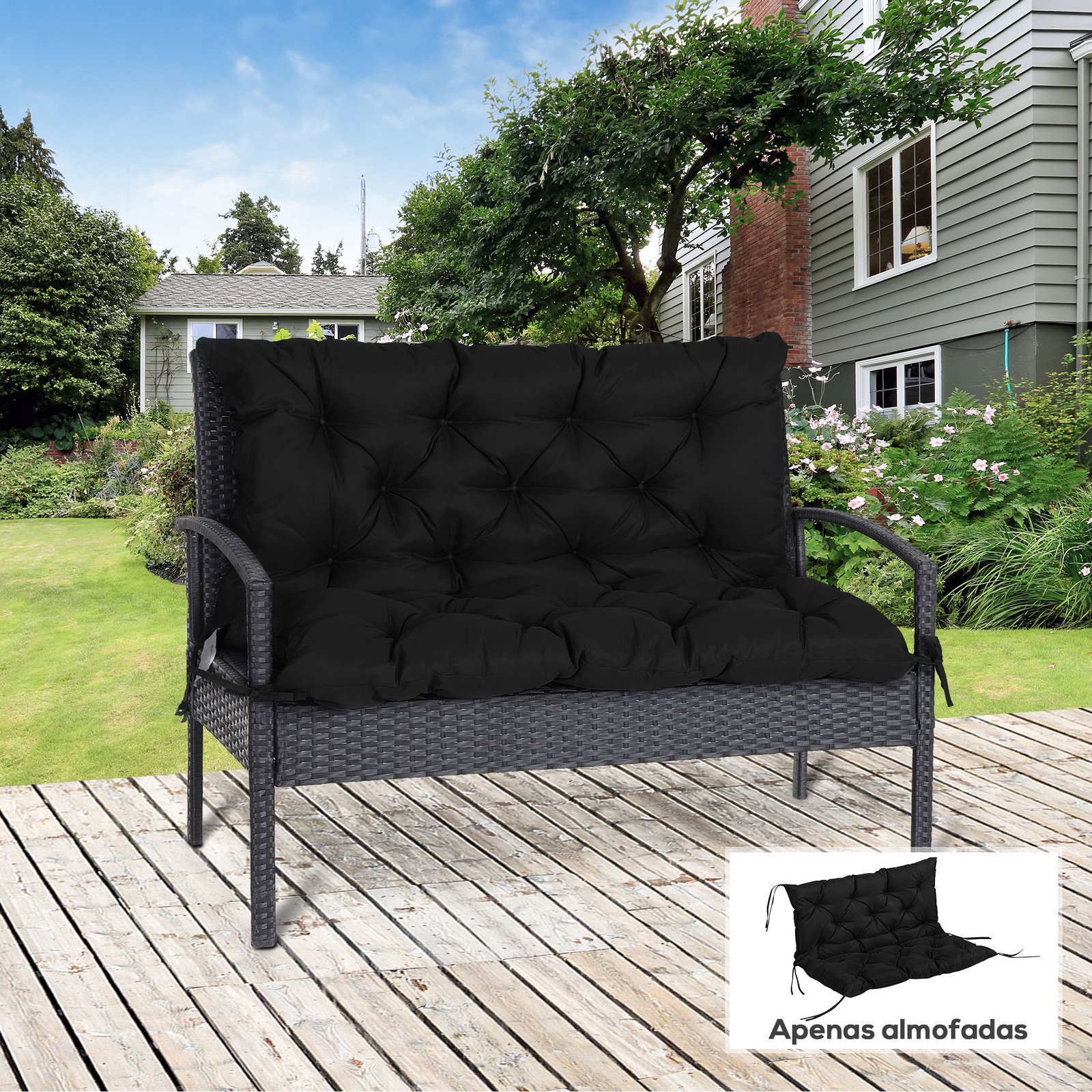 Almofada para banco com encosto 100x98x8 cm almofada de banco de 3 lugares com 6 cordões de fixação para jardim