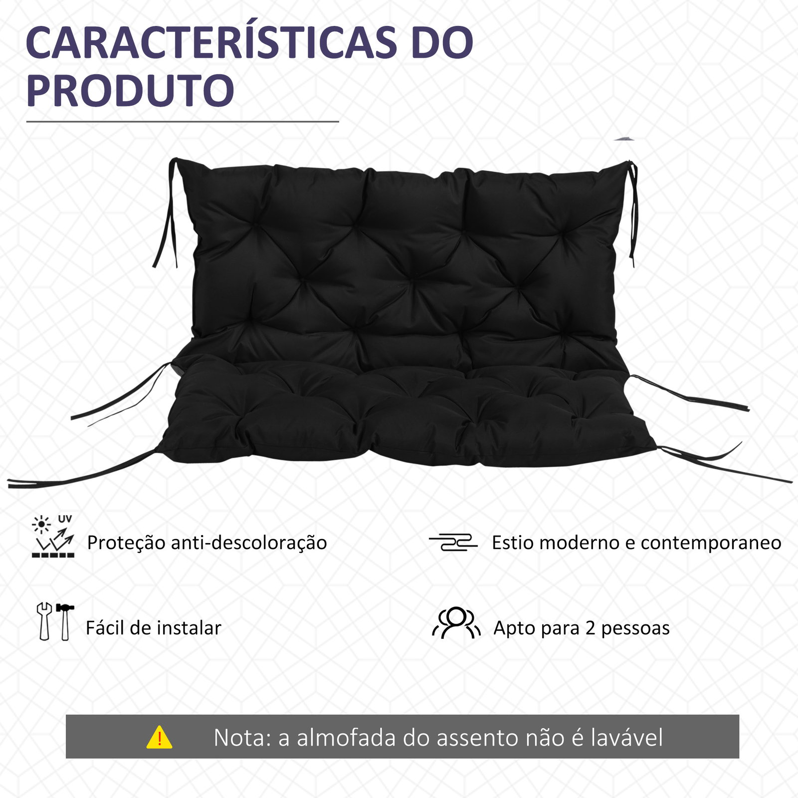 Almofada para banco com encosto 100x98x8 cm almofada de banco de 3 lugares com 6 cordões de fixação para jardim