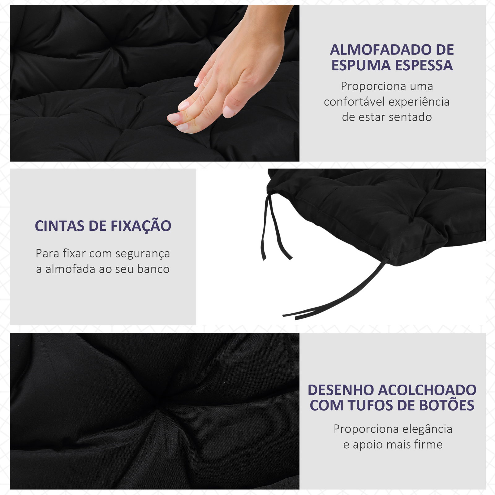 Almofada para banco com encosto 100x98x8 cm almofada de banco de 3 lugares com 6 cordões de fixação para jardim