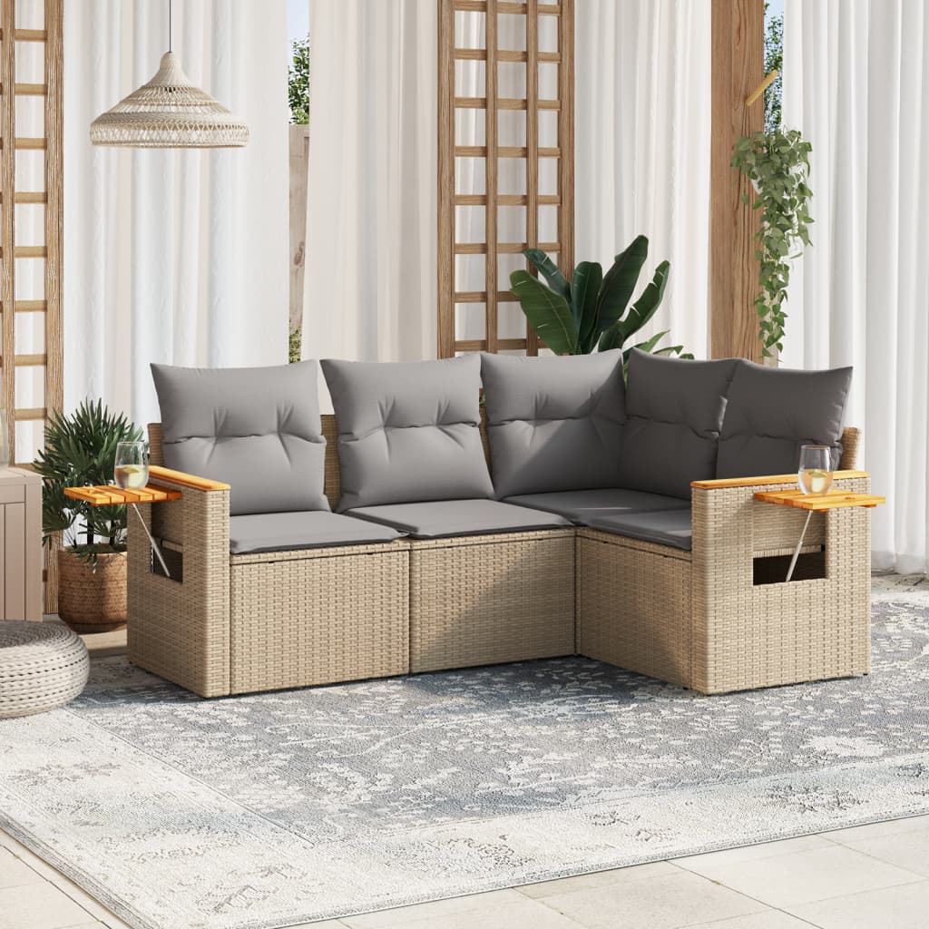 4 Pcs conjunto de sofás para jardim c/ almofadões vime PE bege