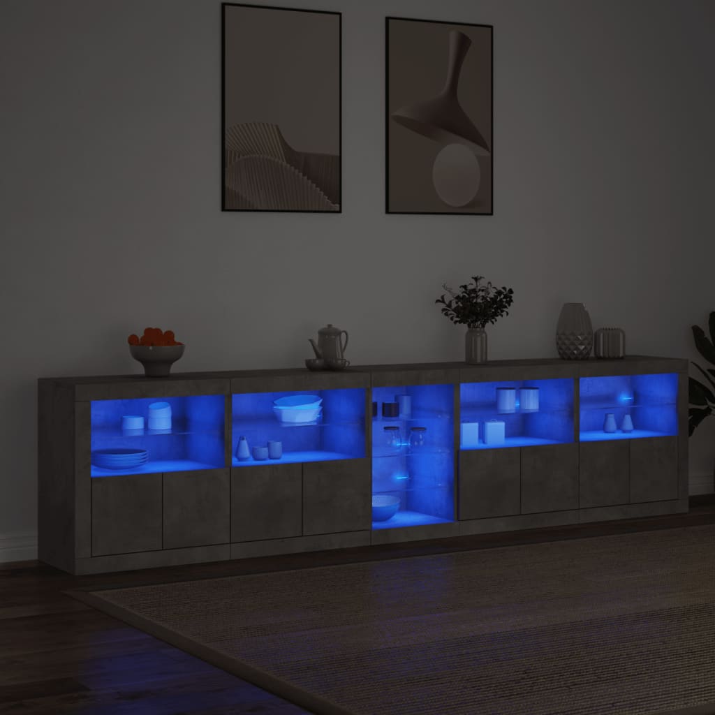Aparador com luzes LED 283x37x67 cm cinzento cimento