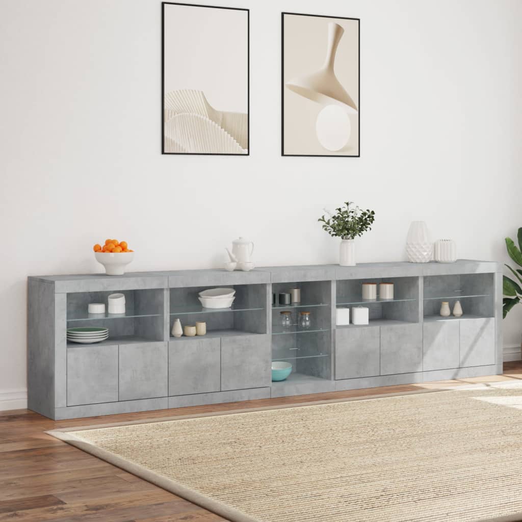 Aparador com luzes LED 283x37x67 cm cinzento cimento