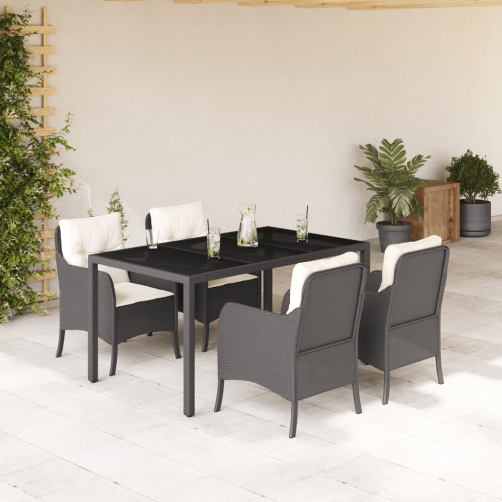 5 Pcs conjunto de jantar p/ jardim c/ almofadões vime PE preto