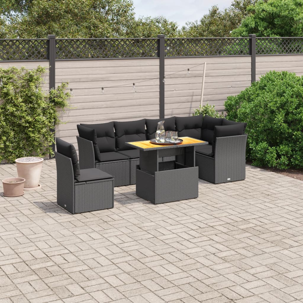 7 Pcs conjunto de sofás p/ jardim c/ almofadões vime PE preto