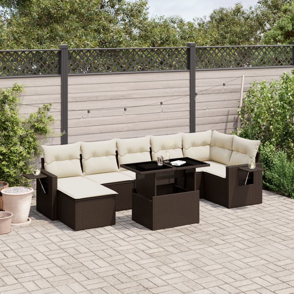 8 Pcs conjunto sofás de jardim c/ almofadões vime PE castanho