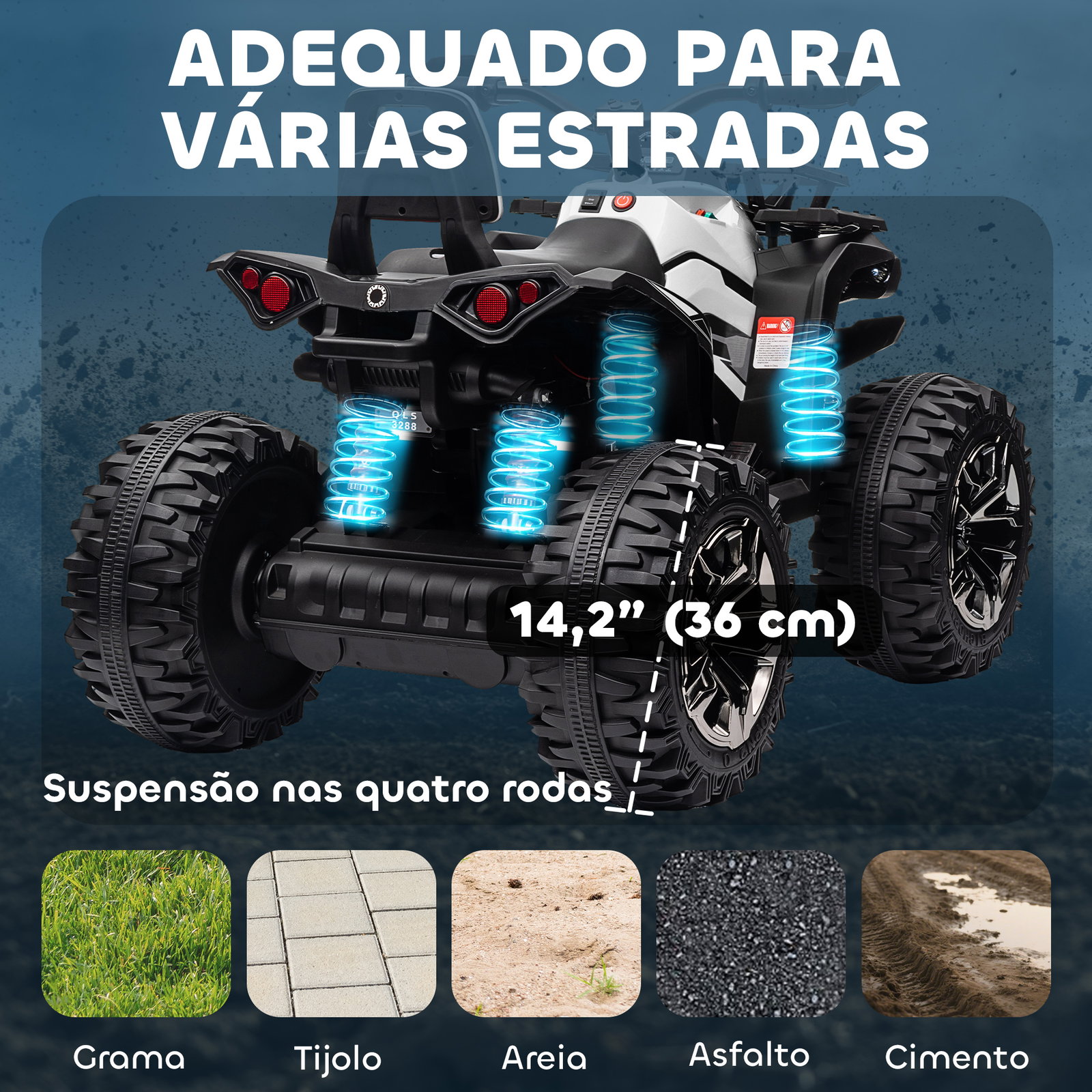 Quadriciclo elétrico 12v para crianças com farol música pneus de suspensão botões avance e retrocesso 100x65x73cm branco