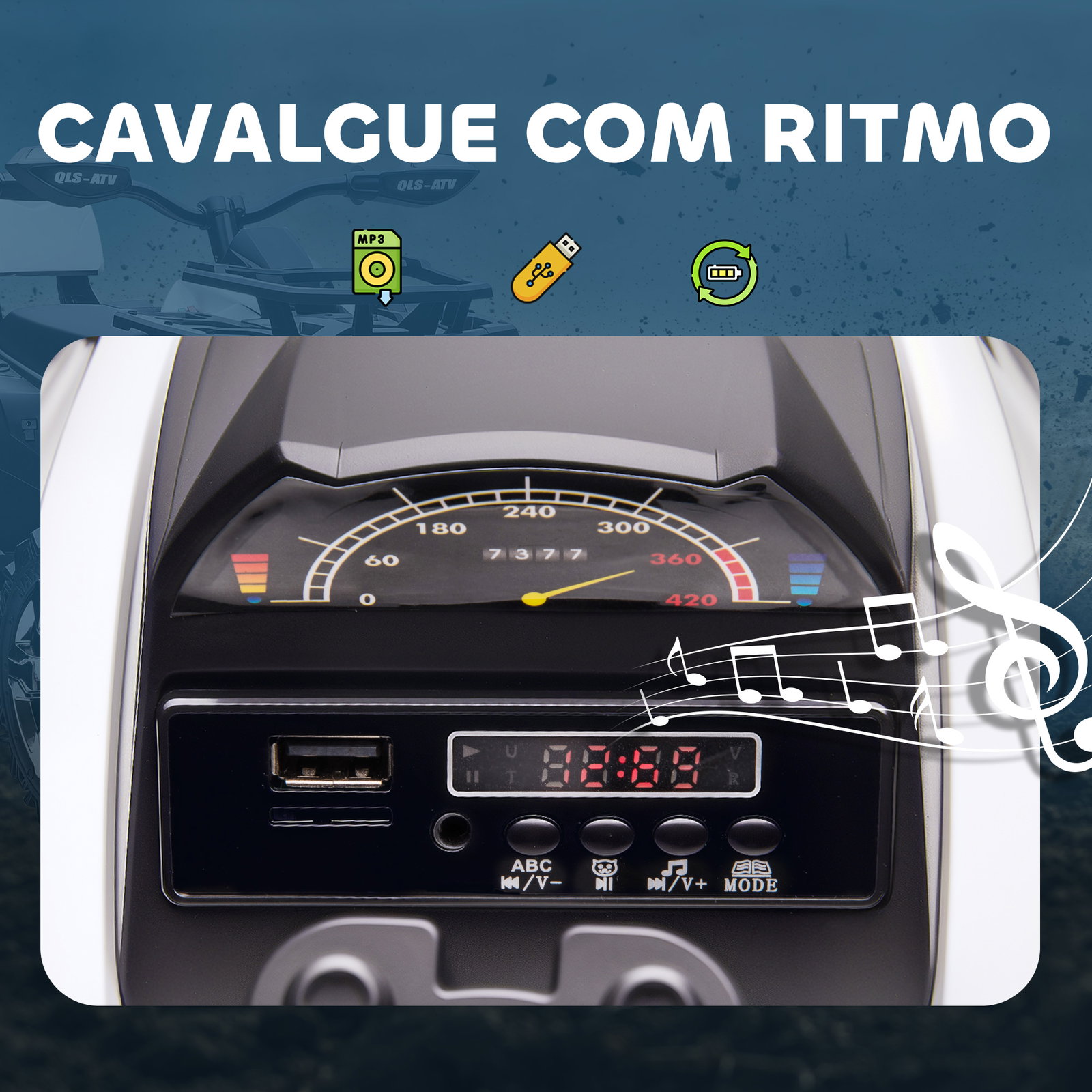 Quadriciclo elétrico 12v para crianças com farol música pneus de suspensão botões avance e retrocesso 100x65x73cm branco