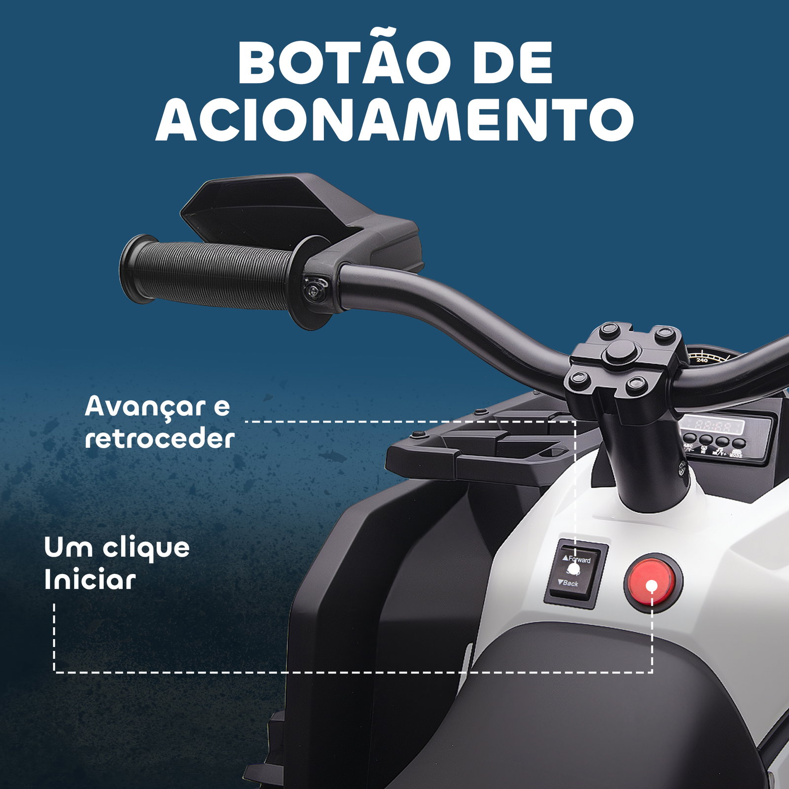 Quadriciclo elétrico 12v para crianças com farol música pneus de suspensão botões avance e retrocesso 100x65x73cm branco