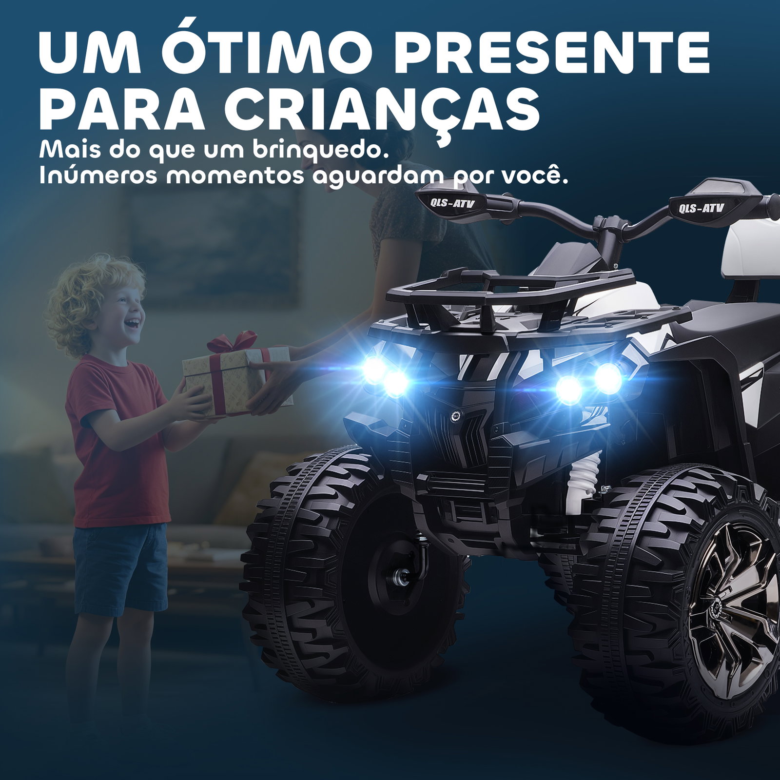 Quadriciclo elétrico 12v para crianças com farol música pneus de suspensão botões avance e retrocesso 100x65x73cm branco
