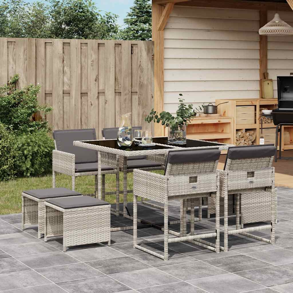 9 Pcs conjunto de jantar p/ jardim c/ almofadões cinzento claro