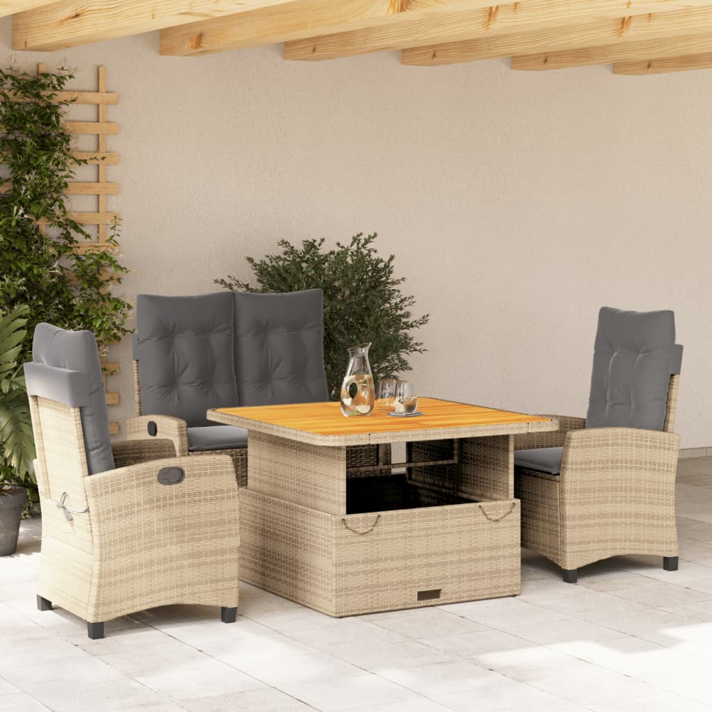 4 Pcs conjunto de jantar p/ jardim c/ almofadões vime PE bege