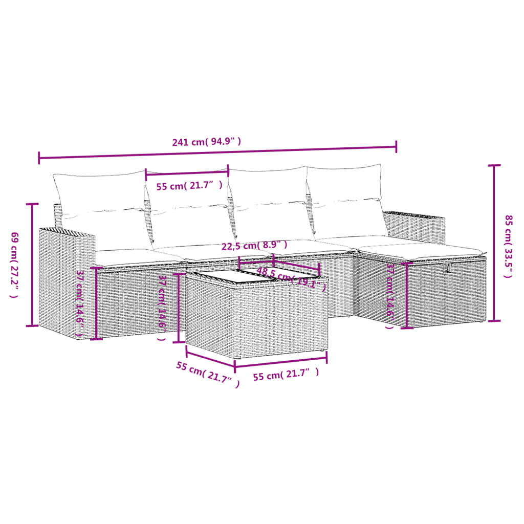 Conjunto de sofá de jardim com 6 peças e almofadas em rattan sintético marrom